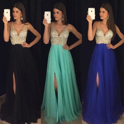 Prom Dresses,Evening Dress,New Arrival Prom Dress,Modest Prom Dress,sparkly crystal beaded v neck open back long chiffon prom dresses 2017 pageant evening gowns with leg slit