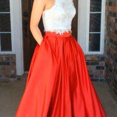 Prom Dresses,Evening Dress,2 Piece Prom Gown,Two Piece Prom Dresses,Red Evening Gowns,2 Pieces Party Dresses,Evening Gowns,Lace Formal Dress,Formal Gowns For Teens