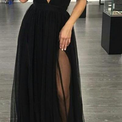 Prom Dresses,Evening Dress,Black Prom Dresses,Prom Dress,Chiffon Prom Dress,A line Prom Dresses,Evening Gowns,Party Dress,Slit Prom Gown For Teens