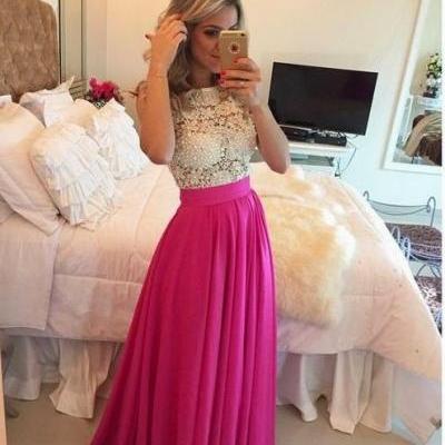 Prom Dresses,Evening Dress,Elegant Lace Prom Dresses,Pink Chiffon White Lace Formal Evening Gowns