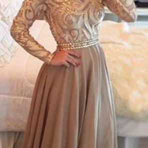 Prom Dresses,Evening Dress,Gold Chiffon Long Prom Dresses Sexy Party Gowns Evening Dress,Off the shoulder prom gowns with long sleeves