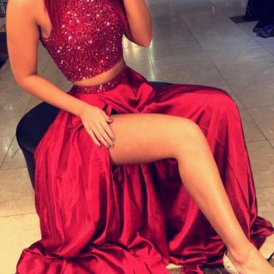 Prom Dresses,Evening Dress,Party Dresses,Prom Dresses,Long Prom Dresses,Red High Neck Two Piece Evening Dresses Online Sleeveless Split Prom Dress with Beads
