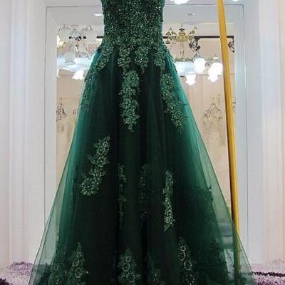 Forest Green Lace Appliqués Sweetheart Floor Length Tulle A-Line Formal Dress Featuring Lace-Up Back, Prom Dress