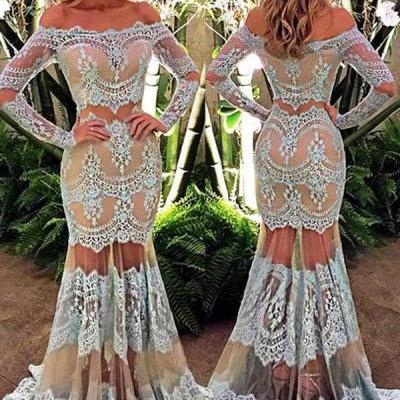 Prom Dresses,Evening Dress,Party Dresses,New Arrival Prom Dress,lace prom dresses,Elegant Off the Shoulder Long Sleeves Floor-Length Turquoise Lace Prom Dress
