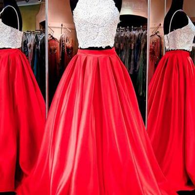 Prom Dresses,Evening Dress,Party Dresses,Gorgeous Two-piece Square Neck Red Floor-Length Prom Dress with Lace,Cheap Prom Dress,Evening Gowns for Teens