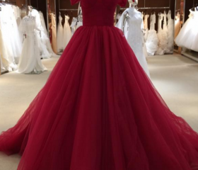 burgundy off the shoulder ball gown