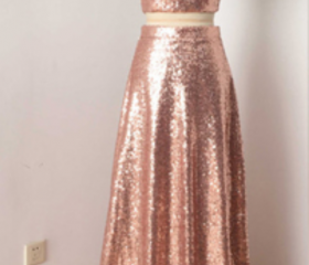 A Line Halter Two Piece Sequins Open Back Satin Golden Prom Dress LBQ3279 main image 1