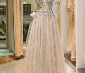 Champagne A Line Tulle Beadings V Neck Chiffon Prom Dresses LBQ2090