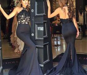 Two Piece Spaghetti Straps Black Satin Prom Dress,Slit Side Prom Dress ...
