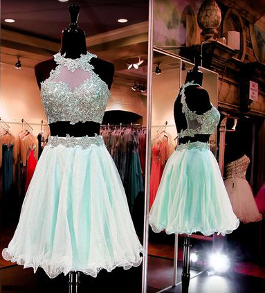 High Neck Lace Homecoming Dresses, Two Pieces Mint Homecoming Dresses, Organza Homecoming Dresses, Open Back Homecoming Dresses, Charming