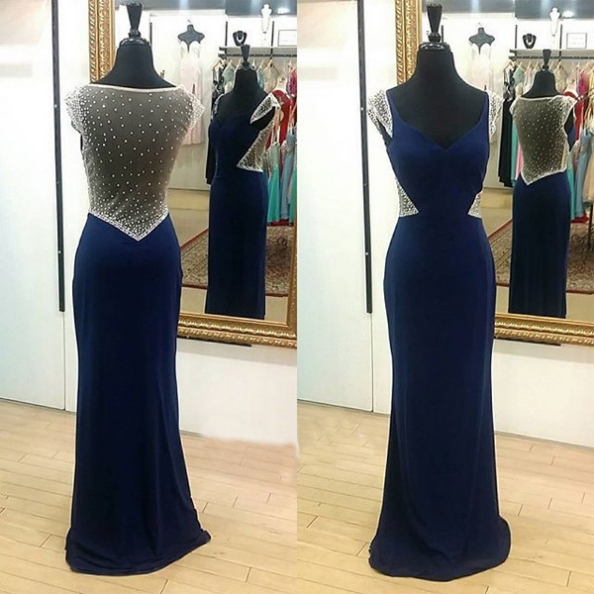 Navy Blue Chiffon Beaded Sheath Prom Dresses Long V Neck See Through Back Party Dress Cap Sleeve Evening Formal Gowns