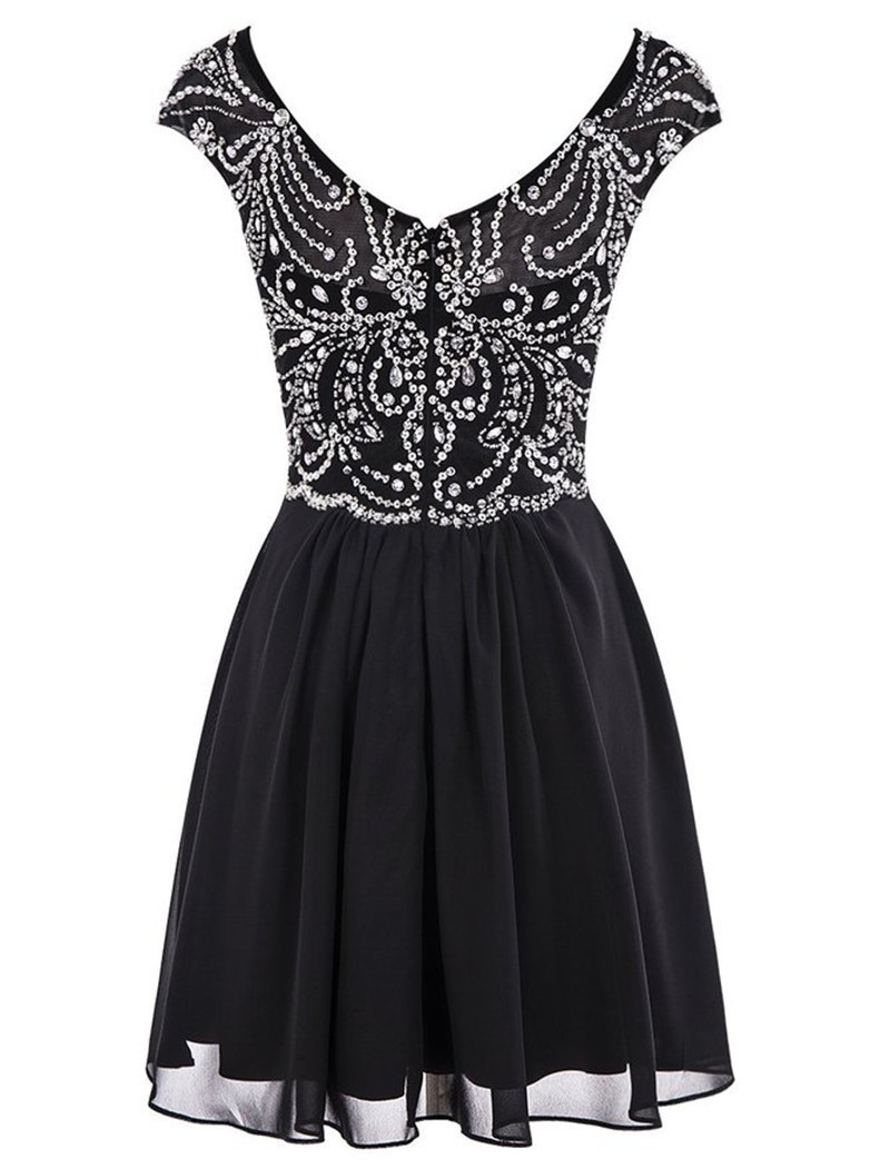 Crystal Beaded Black Chiffon Short Homecoming Graduation Dresses For ...