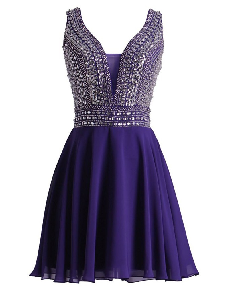 Vestido De Festa Curto De Luxo Purple Chiffon Beaded Short Homecoming Dresses With Crystals