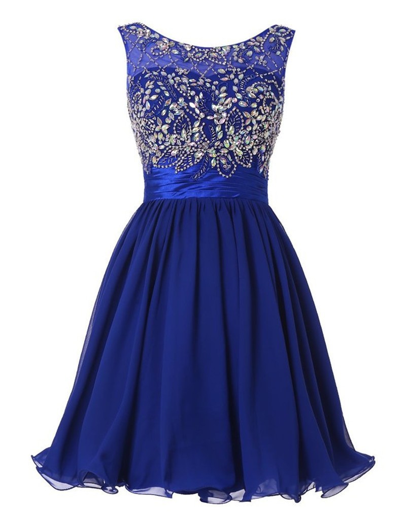 Girls Graduation Dress Royal Blue Chiffon Beaded Crystals Homecoming Dresses Short