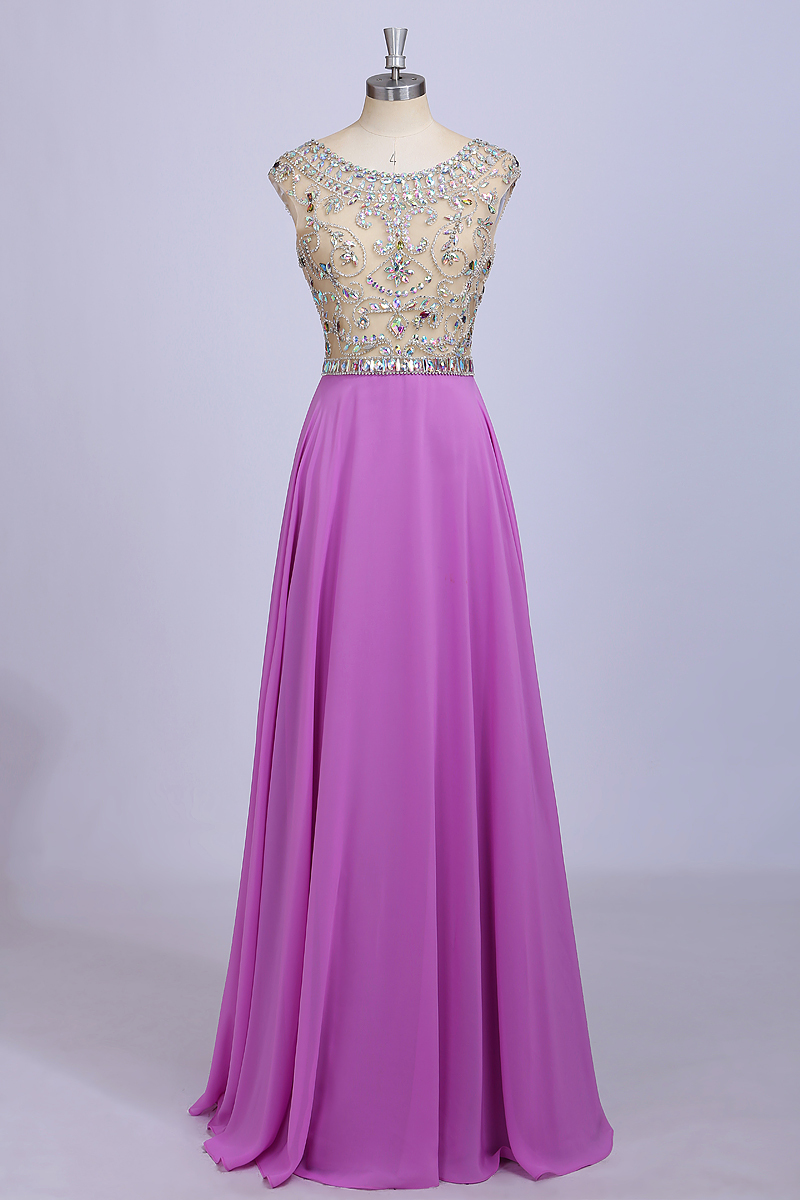 Abendkleider Long Pink Chiffon Floor Length Dress Cap Sleeve Beaded Prom Dresses