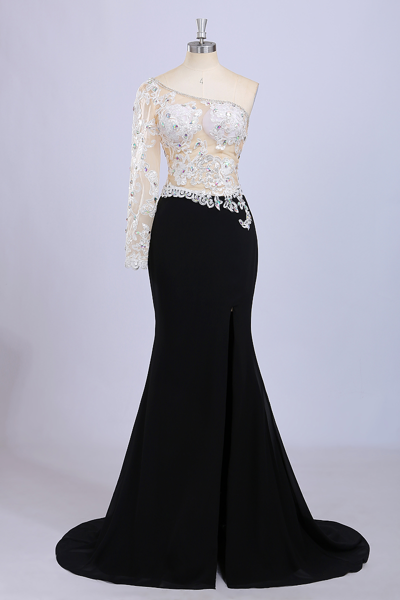 Real Photo One Shoulder See Through Top Appliques Beaded Black Evening Dress Mermaid Floor Long Split Prom Dress