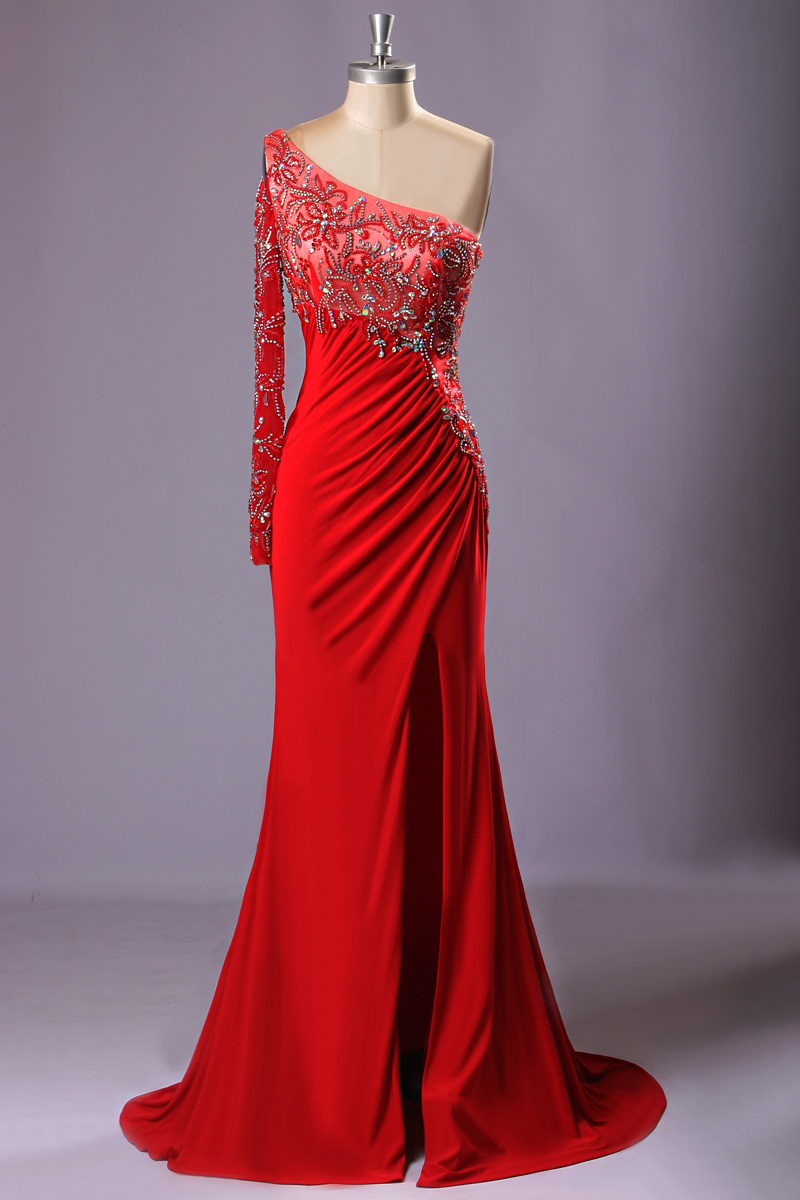 Red Bling One Shoulder Beads Crystal Para Formatura Longo Sexy Dress Mermaid Prom Dresses Real Photo Evening Dress