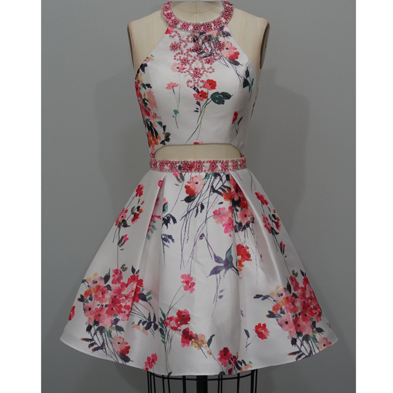 Beaded Floral Print Homecoming Dress Short A Line Pattern Sweet 16 Party Skirt