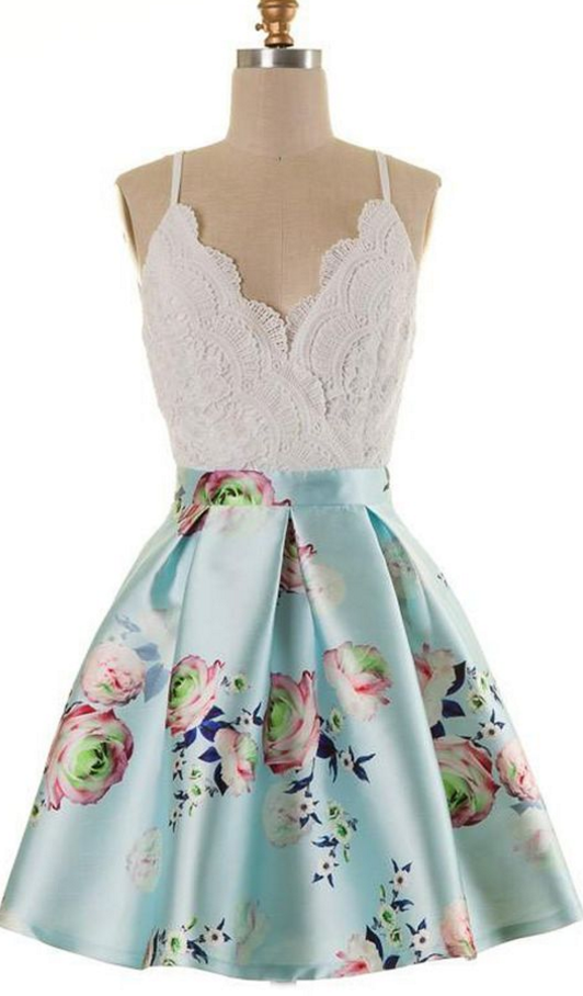 A-line Dresses,spaghetti Straps Dresses,short Homecoming Dresses,blue Floral Dresses,lace Dresses,summer Dresses