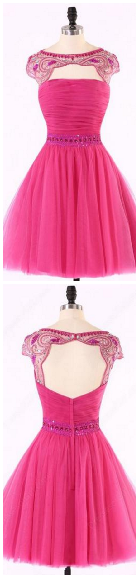 Sexy Open Back Pink Beaded Cute Homecoming Prom Dresses