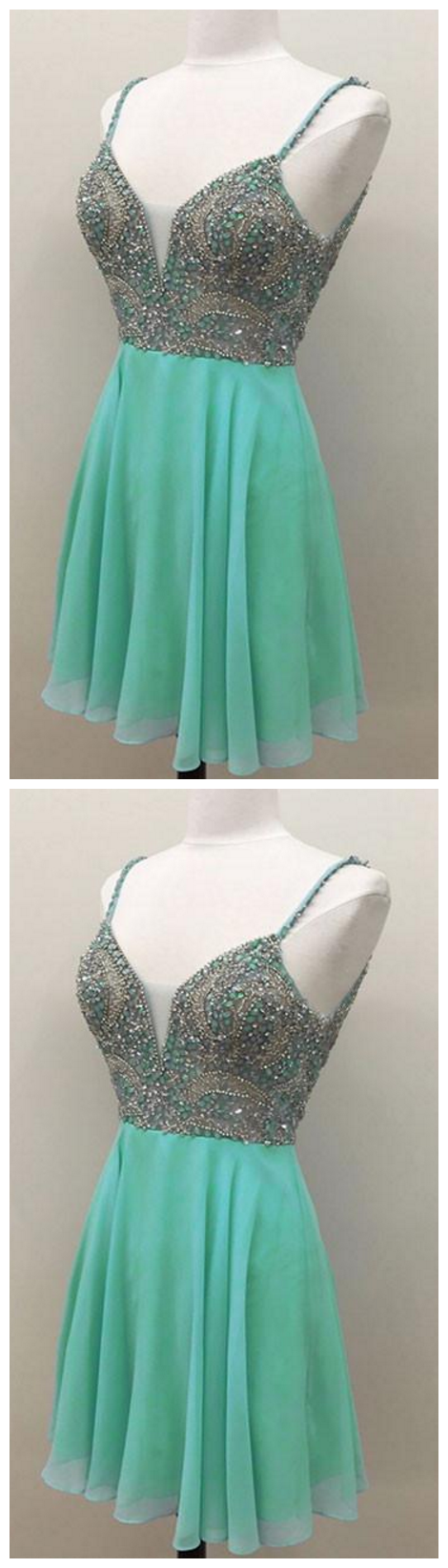 High Fashion A-line Spaghetti Straps Green Short Homecoming/cocktail Dress With Beading