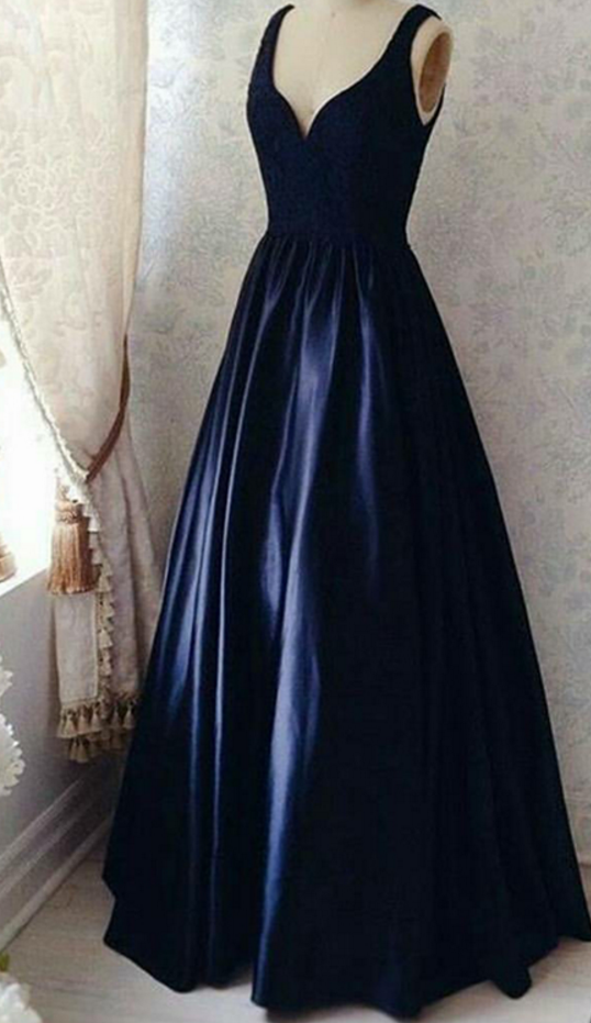 Double Straps Evening Dresses, Navy Blue Formal Evening Dresses, Elegant Floor Length Evening Dress