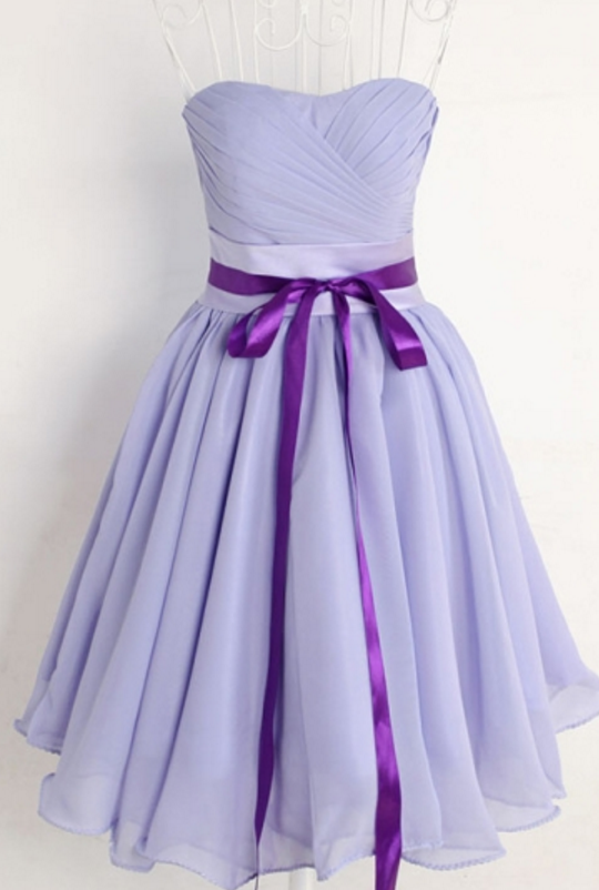 Lilac A-line Sweetheart Ribbon Pleats Short Bridesmaid Dresses