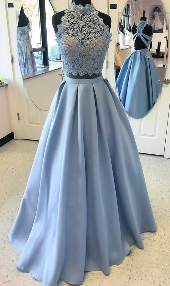 Custom Made Two Pieces Prom Dress,halter Party Dress,lace Prom Dress,high Quality