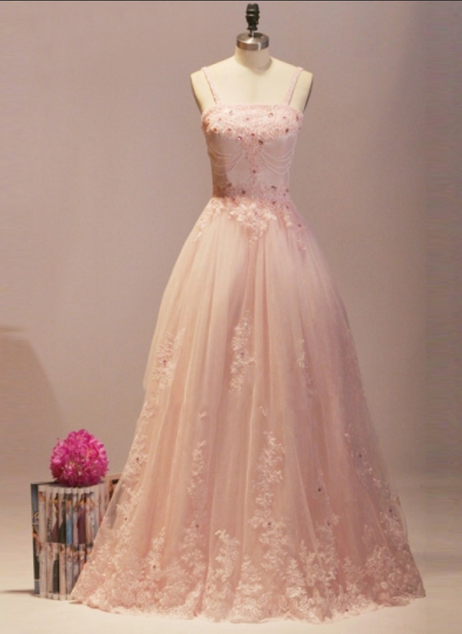 Pink Spaghetti Straps Appliques Beading Pearls Floor-length Prom Dress