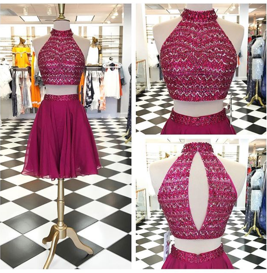 Homecoming Dresses Short ,sparkly Two Piece Short Prom Dress Homecoming Dress, Beads Two Piece Maroon Short Prom Dress Homecoming Dress