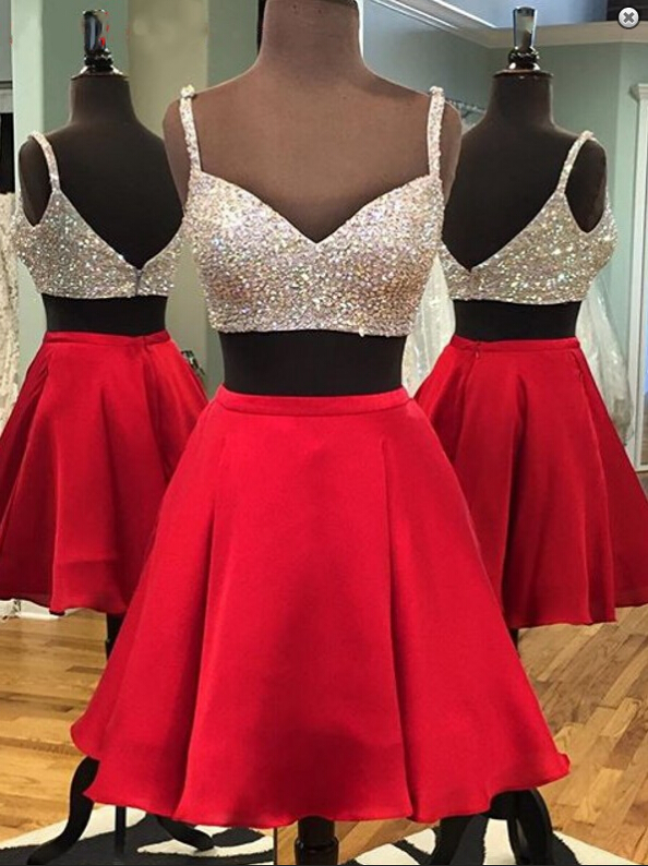 Homecoming Dresses Short ,two Piece Short Red Homecoming Dress With Sparkly Top