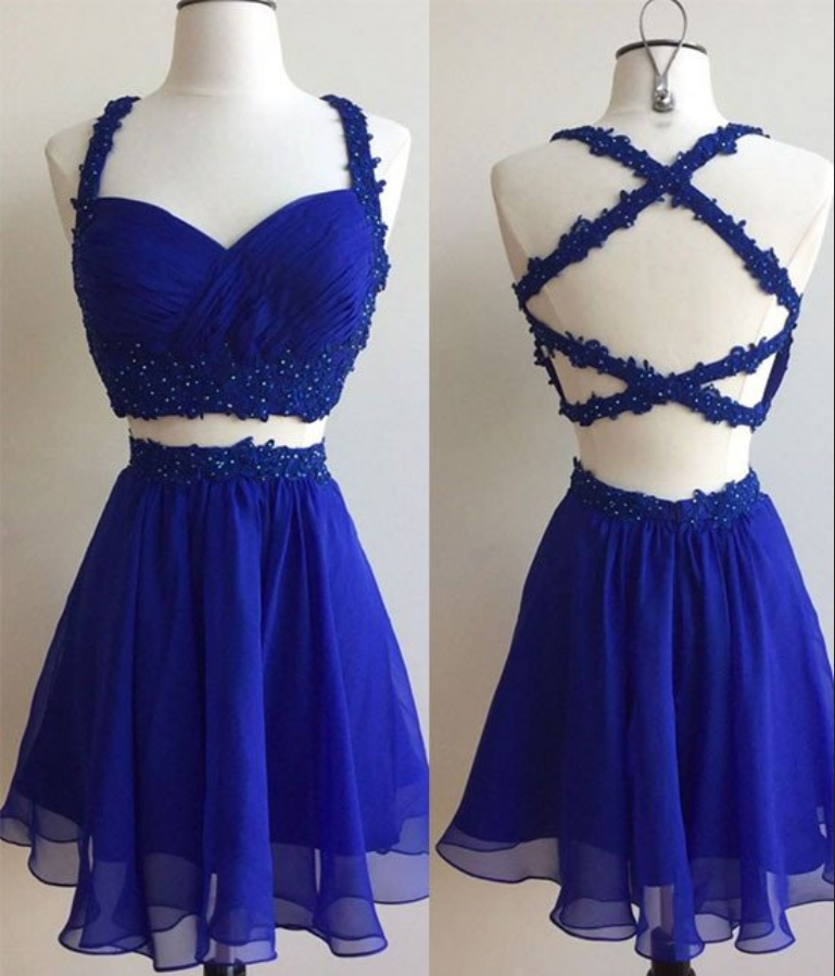 Homecoming Dresses Short, Short Royal Blue Two Piece Chiffon Lace Backless Prom Dresses Homecoming Dress,short Homecoming Dresses,junior Prom