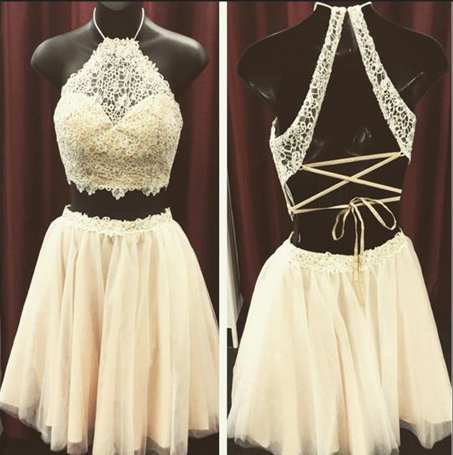 Homecoming Dresses Short,two Pieces Open Back Sexy Lace Tulle Homecoming Prom Dresses,