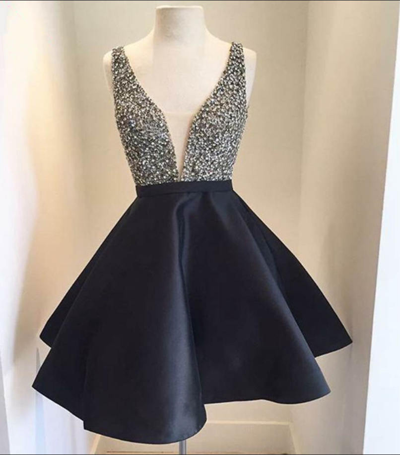 Homecoming Dresses Short,black Plunging Neck Short Black Prom Dress With Beads