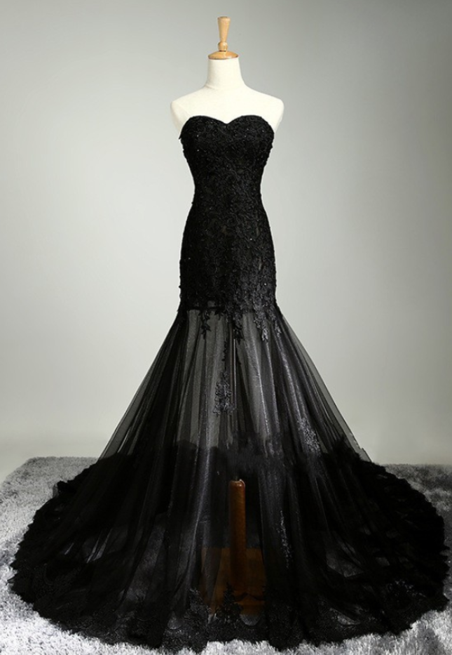 Black Mermaid Tulle Long Evening Gowns Appliques Off The Shoulder