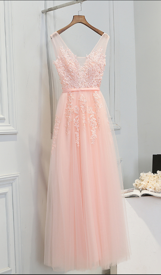 Elegant Baby Pink Tulle Appliques Pearls Prom Dresses,sexy V Neck A Line Long Evening Gowns