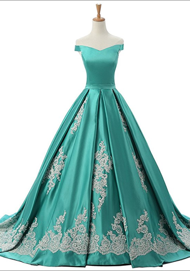 Vintage Turquoise Green Satin Appliques Prom Dresses,v Neck Stylish Off-the-shoulder Long Party Gowns