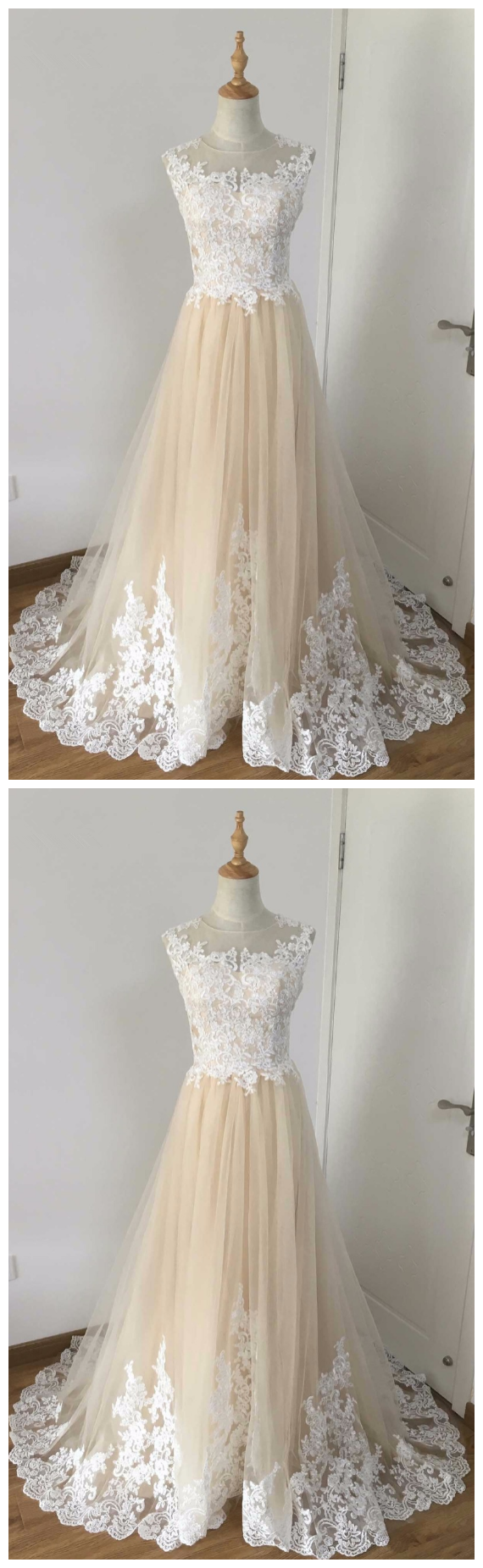 A-line Wedding Gowns, Vintage Sleeveless Champagne Lace Wedding Dress Vestidos De Novia