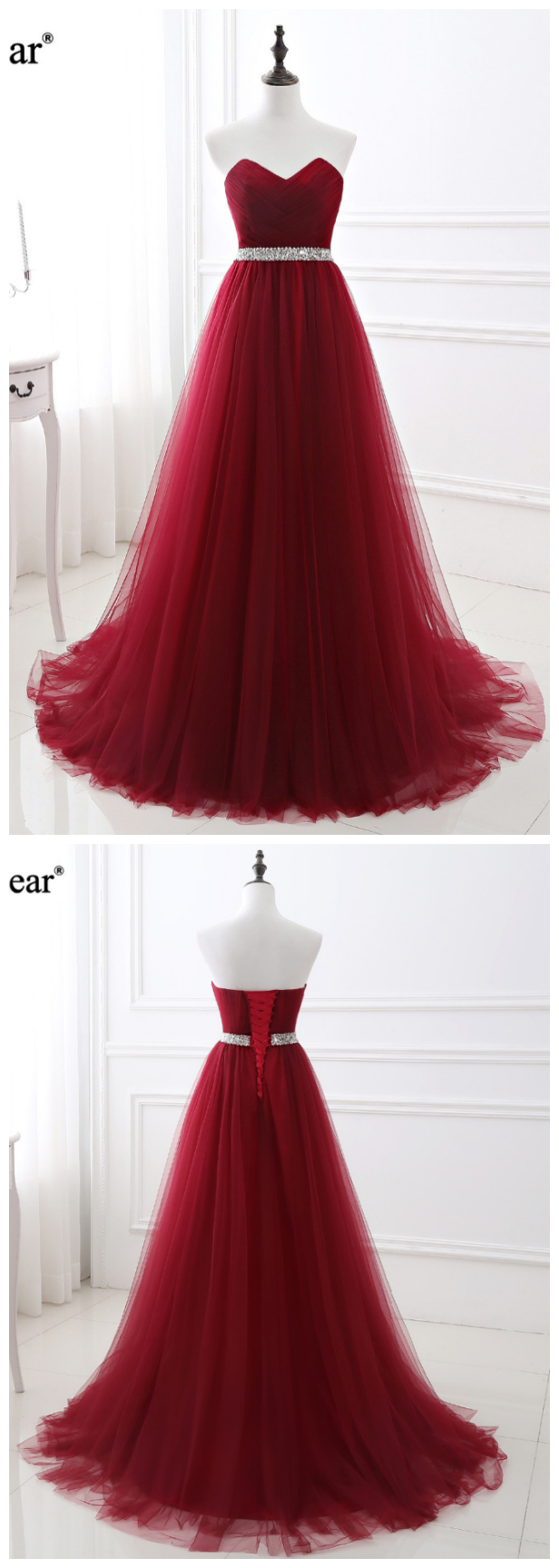 Tulle Formal Evening Gown ,sweetheart Lace Up Back Burgundy Evening Dress