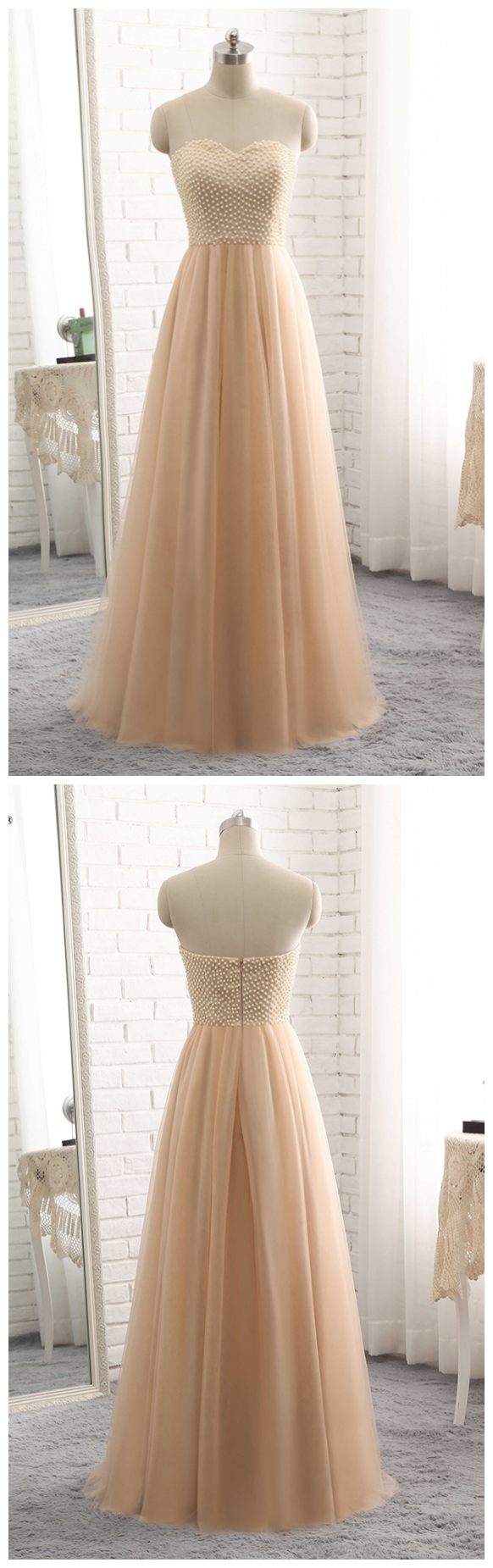 Champagne Long Formal Evening Dress , Pearls Top A Line Prom Dress Robe De Soiree
