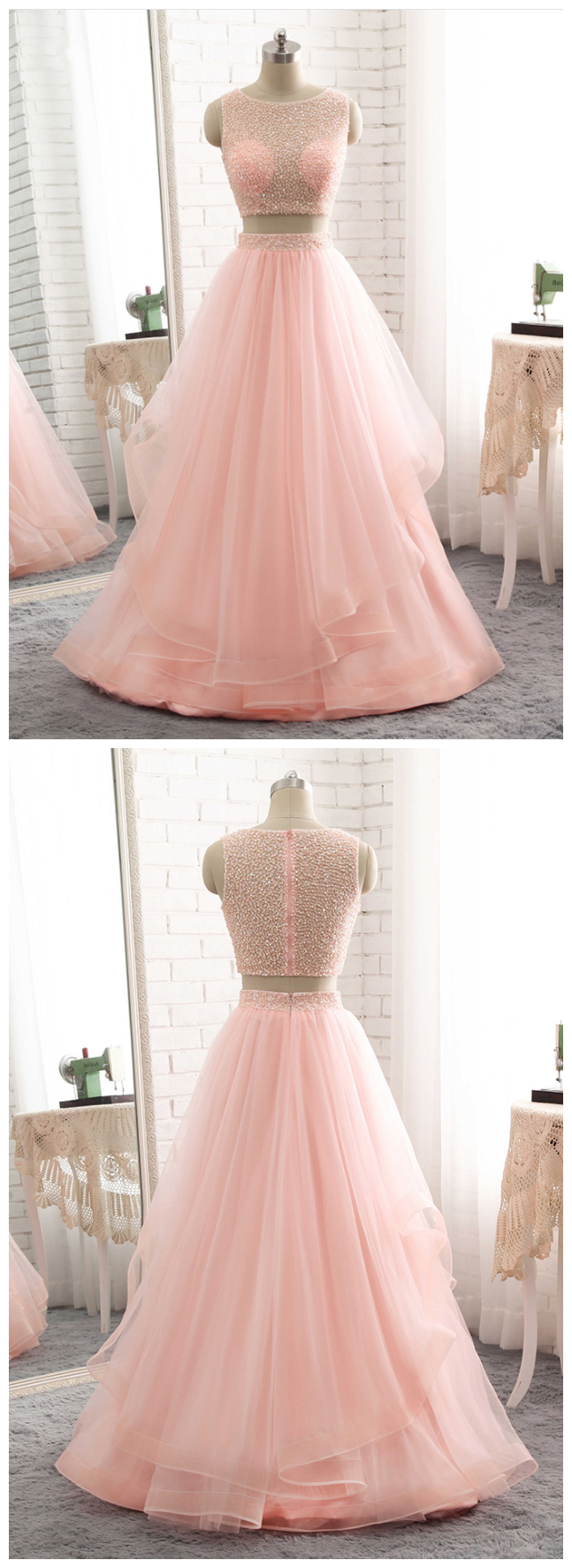 Top Bodice 2 Piece Long Prom Dresses, Vestido De Festa Pink Formal Gowns