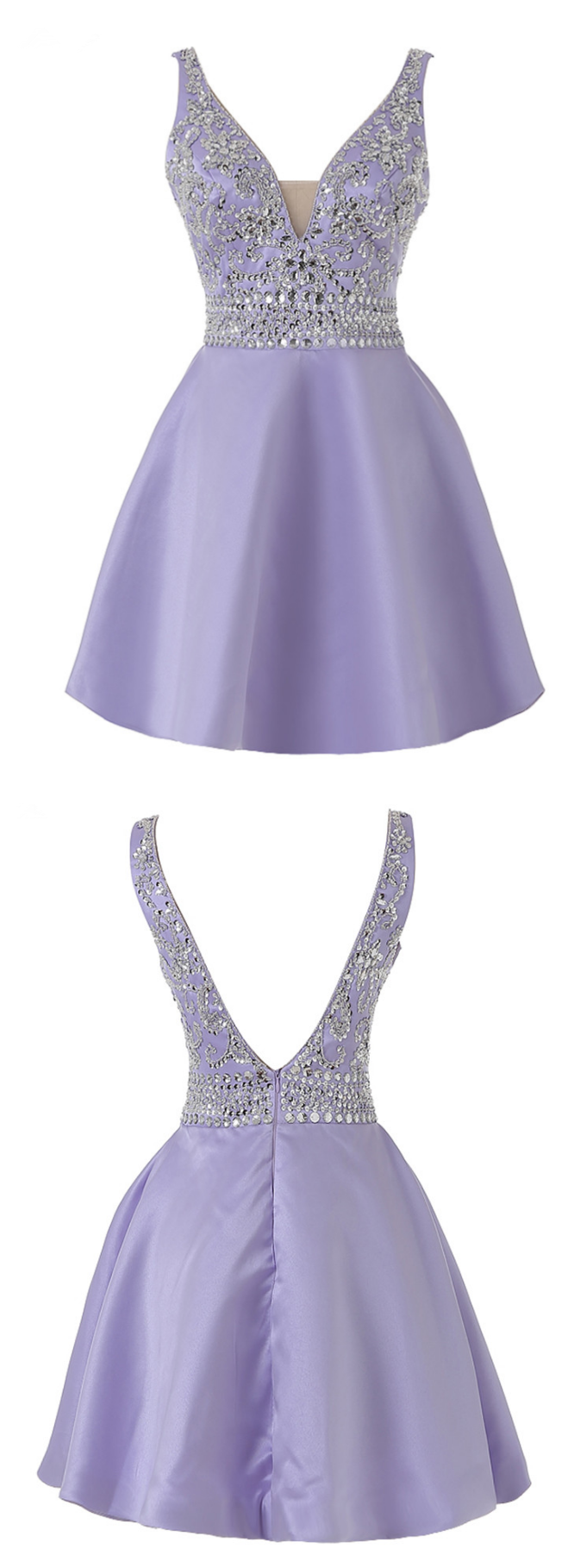 Real Photo V Neck Lavender Short Homecoming Dress, Satin Beaded Sexy Backless Mini Prom Party Gowns