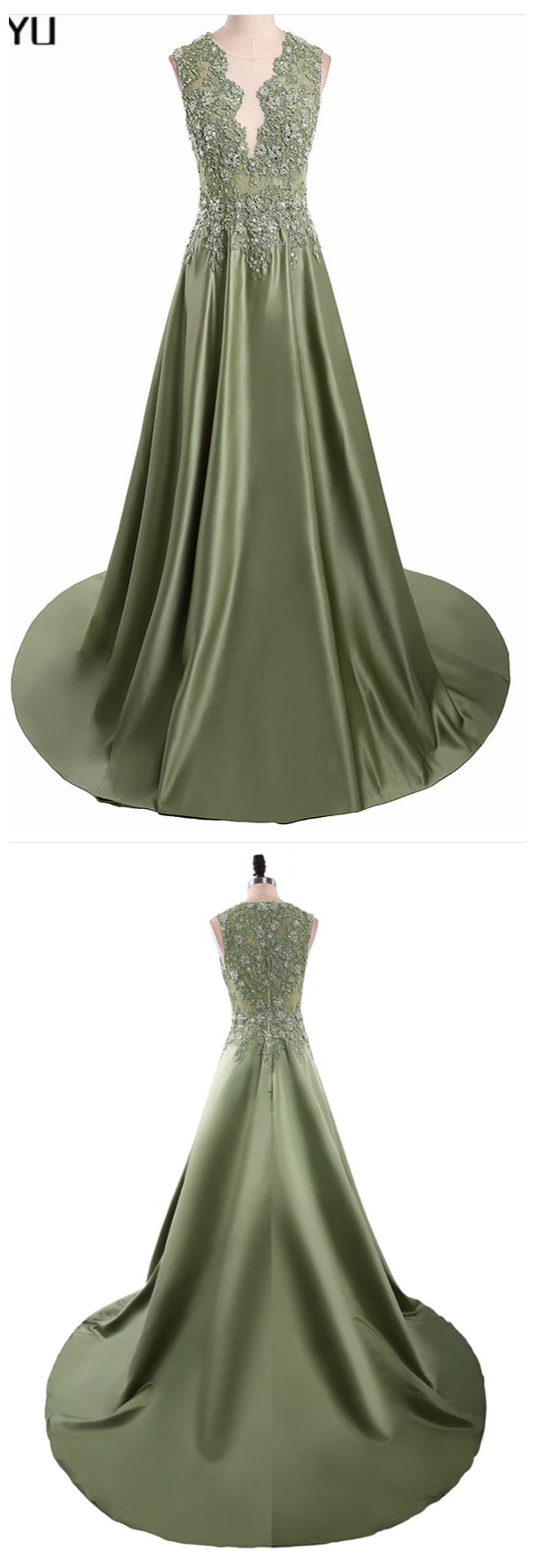 Satin Lace Appliques Long Evening Dresses , V Neck Sleeveless A Line