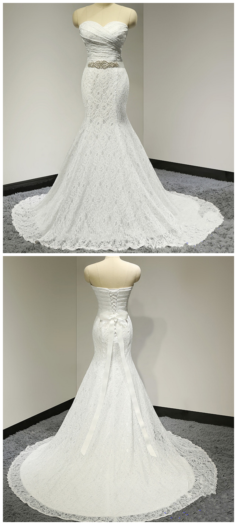 Wedding Dresses Real Photos White Lace , Mermaid Wedding Dress Vintage Sash Bride Dress
