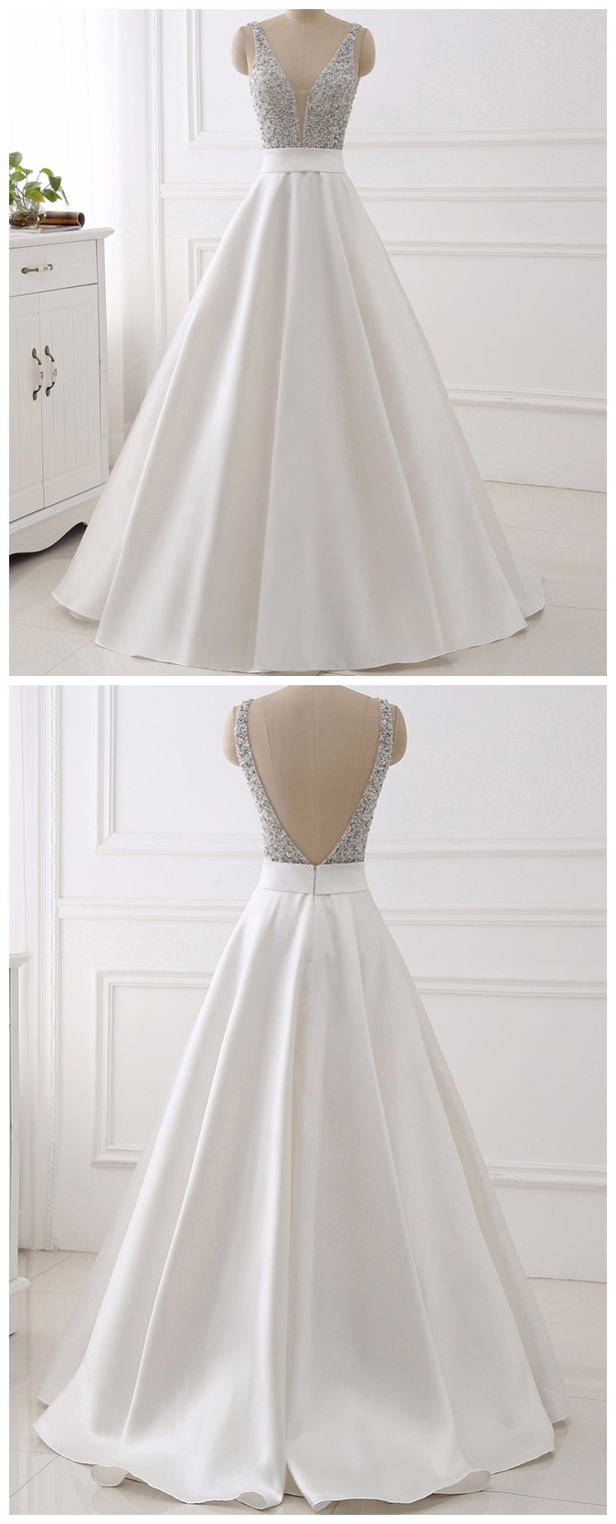 White Real Image Evening Dresses , Sparkly Beading Bodice Long Prom Party Gown