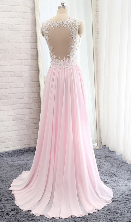 Pink Chiffon Lace Beading A-line Simple Cheap Long Prom Dresses For ...