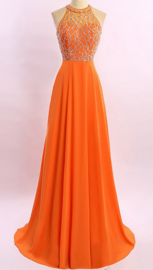 Orange Chiffon See-through Prom Dress,beading Rhinestone A-line Long Prom Dresses ,shining Evening Dresses