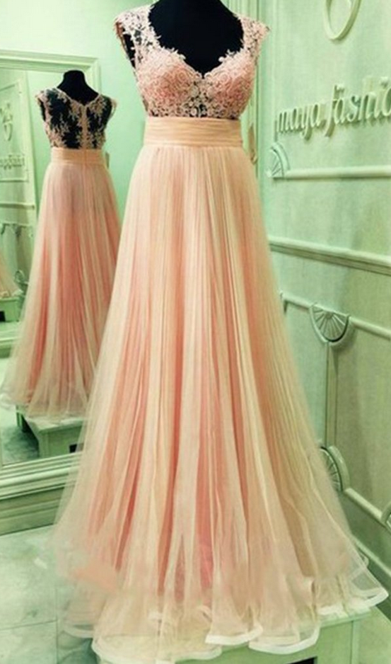 Light Pink Chiffon Prom Dresseslace V Neck Backless Slit A Line Long Prom Dressformal Dresses