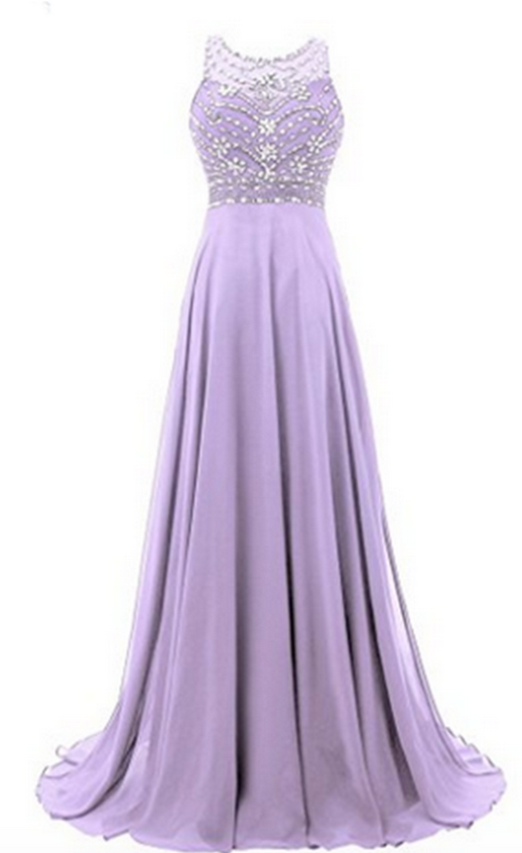 Lavander Chiffon Prom Dress,round Neck Sequins Beaded A-line Long Prom ...