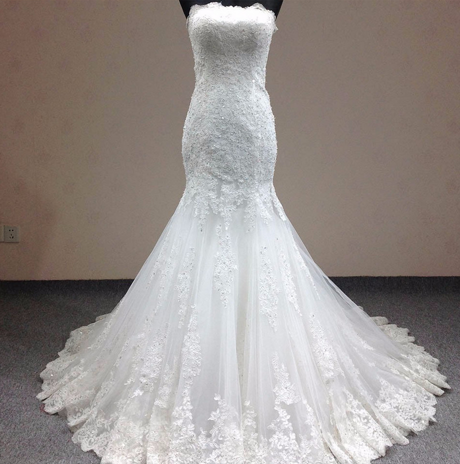 Vestido De Novia De Renda 2017 Mermaid Wedding Dress Graceful Slim Lace Court Train Casamento Strapless Bridal Gown Size Plus